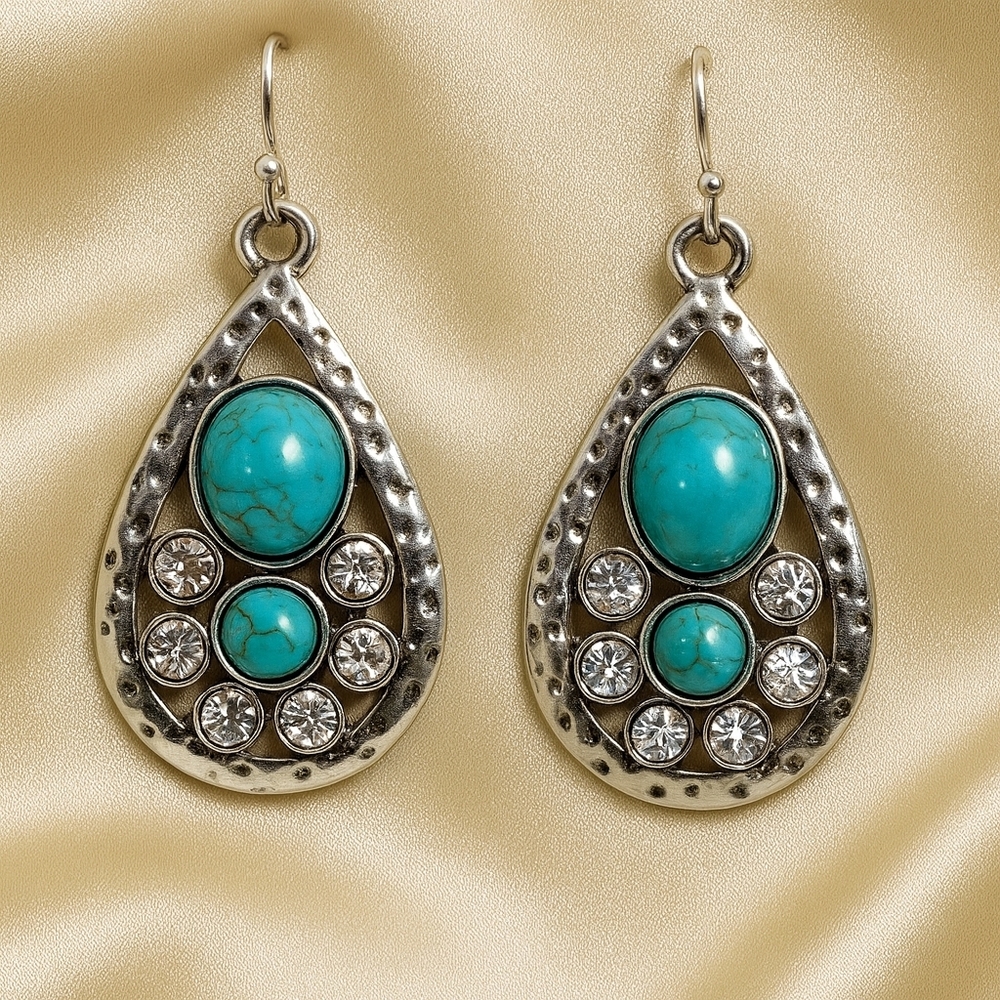 Water Drop Shape Hammered Silver-tone Turquoise Stone, Crystal Teardrop Earrings